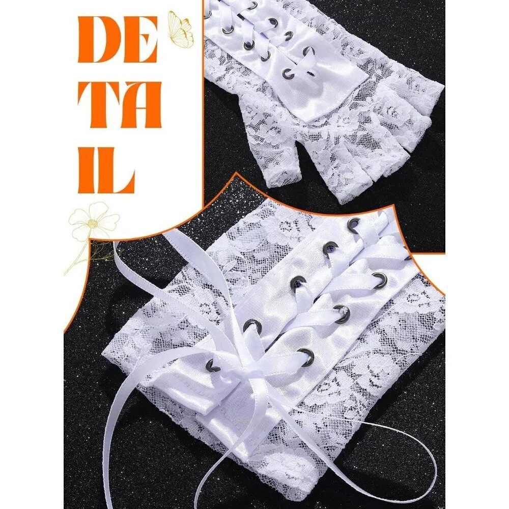 Women's Long Lace Fingerless Rhinestone White Gloves Party Tea Pram Accessories